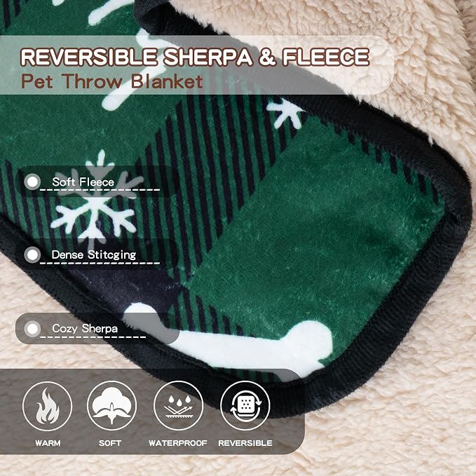 Washable Waterproof Dog Blankets for Large Dogs 50"x60" | Soft Fluffy Pet Blanket for Couch Sofa Car, Bed Furniture Protector, Reversible Sherpa Fleece Dog Blanket Christmas Green