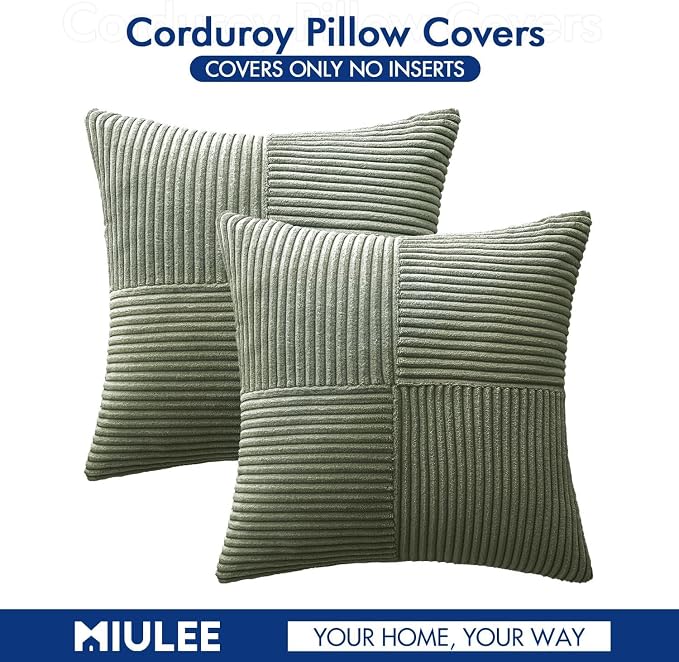 MIULEE Light Olive Green Decorative Throw Pillow Covers for Couch 18x18 in | 2 Pack, Boho Farmhouse Pillow Covers, Soft Cross Corduroy Patchwork Textured Cushion Cases For Bed Sofa