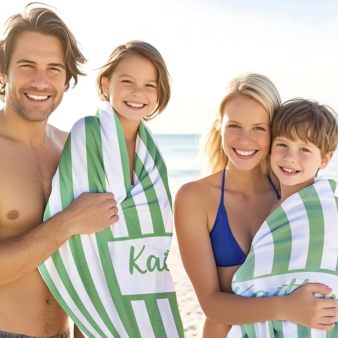 JML Personalized Beach Towel with Name, Custom Cabana Stripe Beach Towel, Customized Microfiber Pool Towel, Quick Dry & Absorbent Swim Towel for Adult,Anniversary, Birthday, Summer Holiday,Vacation