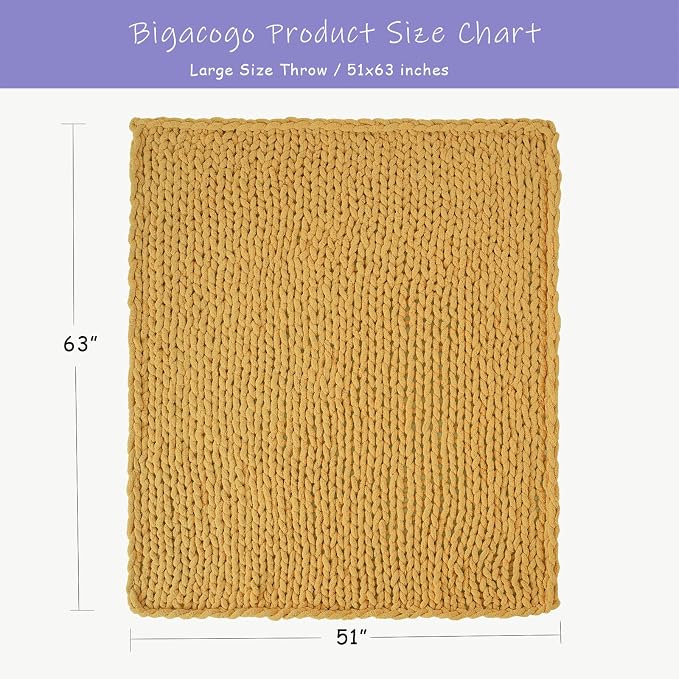 Bigacogo Chunky Knit Throw Blanket for Couch, 51x63 inches, Mustard Yellow | Hand Knit with Jumbo Chenille, Soft Breathable Cable Knit for Sofa Bed Living Room, Machine Washable, Gift for Mom Friend