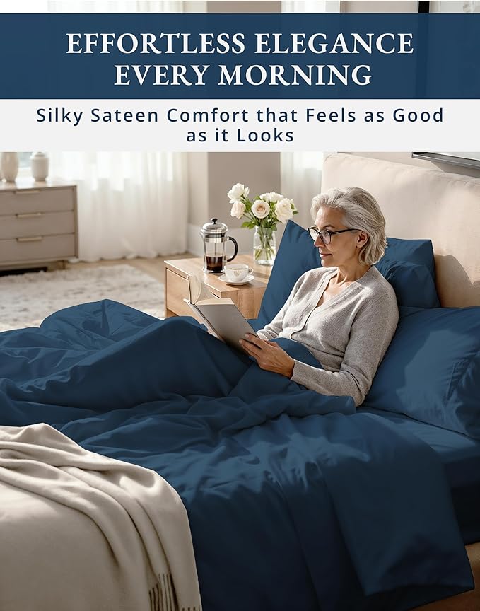 LANE LINEN 100% Egyptian Cotton Sheets King Size - 1000 Thread Count King Bed Sheets, Ultra-Soft Hotel Luxury with 15" Deep Pocket, Naturally Breathable & Durable, Silky Sateen Weave - Estate Blue