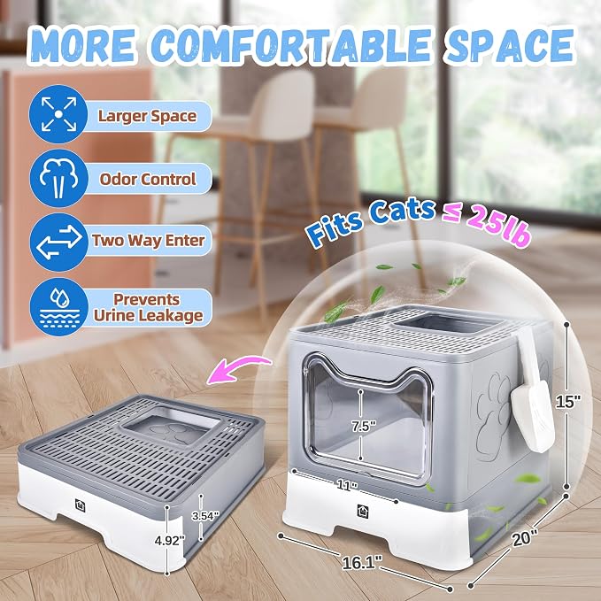 Covered Cat Litter Box, Extra Large Drawer Design with Dual Entry, Grey | 13L litter capacity, adjustable door, leakproof structure, cleaning accessories, complimentary cat litter mat
