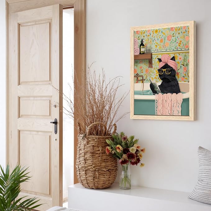 ICHZUMW Framed Funny Black Cat in Bathtub Canvas Bathroom Wall Art 16x24 In | Humorous Cat Wearing Sunglasses Reading Book, Girly Pink Dopamine Bathroom Wall Decor, Restroom Powder Room, Ready to Hang