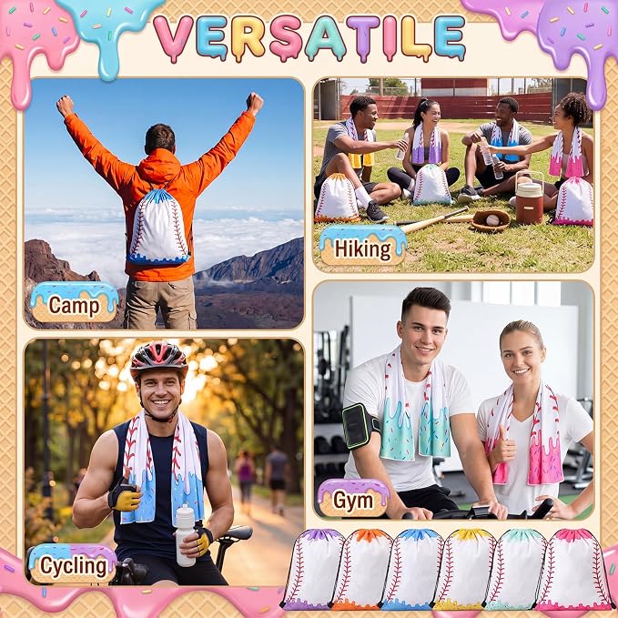 Peryiter 24 Pcs Ice Cream Drip Baseball Party Favors 12 Cooling Towels 12 Drip Drawstring Bags Bulk Sport Gifts for Teams Summer Camping Yoga Running Supplies, Chilly and Absorbent (Classic)