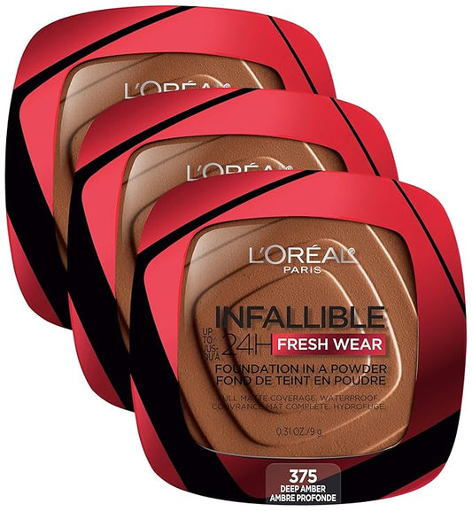 L'Oréal Paris Infallible Powder Foundation | 24 Hour Fresh Wear | Waterproof | Deep Amber | Pack of 3