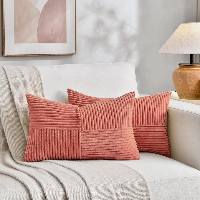 Fancy Homi Coral Lumbar Decorative Throw Pillow Covers 16x32 Inch for Living Room Couch, Rustic Farmhouse Boho Home Decor, Soft Striped Corduroy Rectangle Accent Peach Cushion Case 40x80 cm
