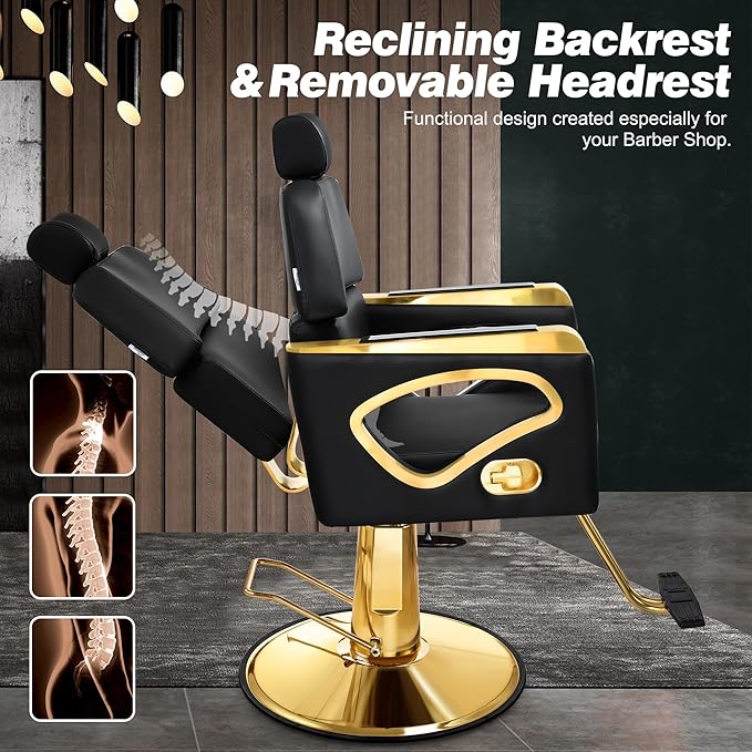 Baasha Pink and Gold Reclining Salon Chair with Removable Headrest, Heavy-Duty Barber Chair with Steel Frame, Elegant Design, 440 lbs Capacity