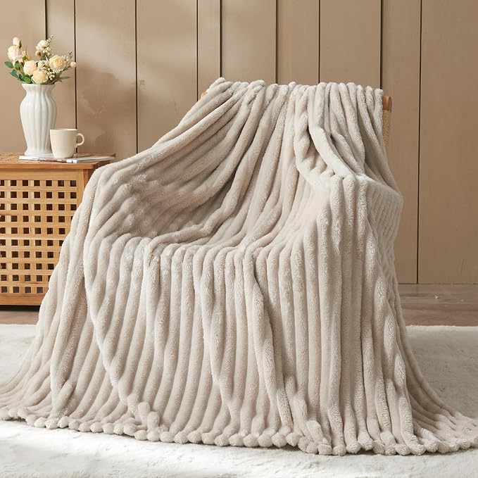 NEWCOSPLAY Fleece Ribbed Cozy King Blanket for Couch, Linen, 90"x110" | Premium Silky Flannel Blanket, Soft Lightweight Fluffy Throw Blanket for Bed Sofa Decor, Gift for All Season Use