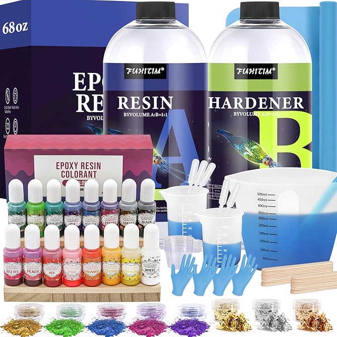68OZ Crystal Clear Epoxy Resin Kit, High-Glossy& No Bubbles, Art & Casting Resin with 16 Epoxy Resin Pigment, Foil Flakes, Sequin,Craft Clear Resin for Art Crafts, Jewelry, Molds