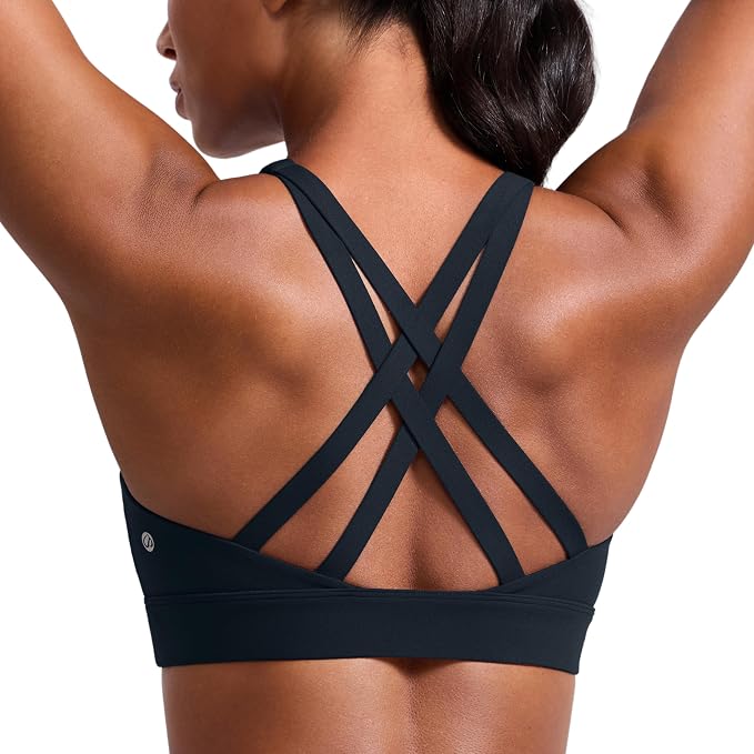 CRZ YOGA Butterlift Wide Criss Cross Straps Supportive Sports Bras for Women - Medium Impact Strappy Gym Padded Workout Top