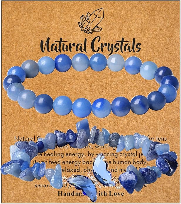 DUQGUHO 2Pcs Butterfly Bracelets for Women Healing Crystals Bracelets for Women Natural Gemstone Bead Bracelet Cute Butterfly Charm Bracelet Stretch 8mm Crystal Jewelry Gifts for Women