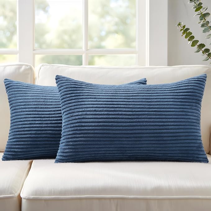 Mecatny Corduroy Decorative Throw Pillow Covers 12x20 Set of 2 Navy Blue | Soft Striped Texture, Hidden Zipper Design, Neutral Boho Lumbar Pillow Cases for Sofa Couch Living Room Bedroom, Home Décor
