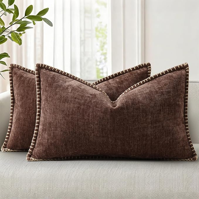 decorUhome Soft Chenille Throw Pillow Covers 12x20 Set of 2 Chocolate | Fall Textured Decorative Throw Pillow Cases Stitched Edge Modern Farmhouse Luxury Boho Velvet for Couch Sofa Bed Home Decor