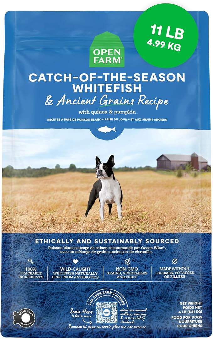 Open Farm Ancient Grains Dry Dog Food, Wild Caught Whitefish Kibble, 11lb | All Life Stages, All Breed Sizes, Protein-Rich & Nutrient Dense, 100% Traceable Ingredients, Non-GMO Fruits & Veggies.