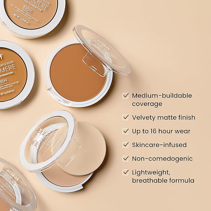 JOAH Perfect Complexion Cashmere Powder Foundation, Medium Face Coverage, Matte Finish, Korean Makeup, Compact Design For Oily & All Skin Types, 16 Hour Wear, Fair with Neutral Undertones