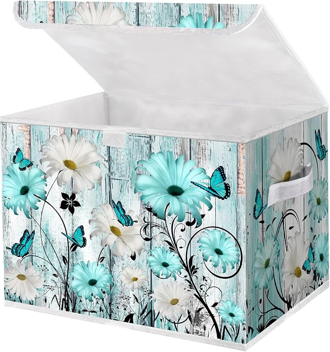 Briwooody Blue Daisy Storage Bin with Lid and Carrying Handle Floral Butterfly Foldable Storage Box Large Farmhouse Decorative Collapsible Container Basket for Organizing Closet Home Bedroom Gift