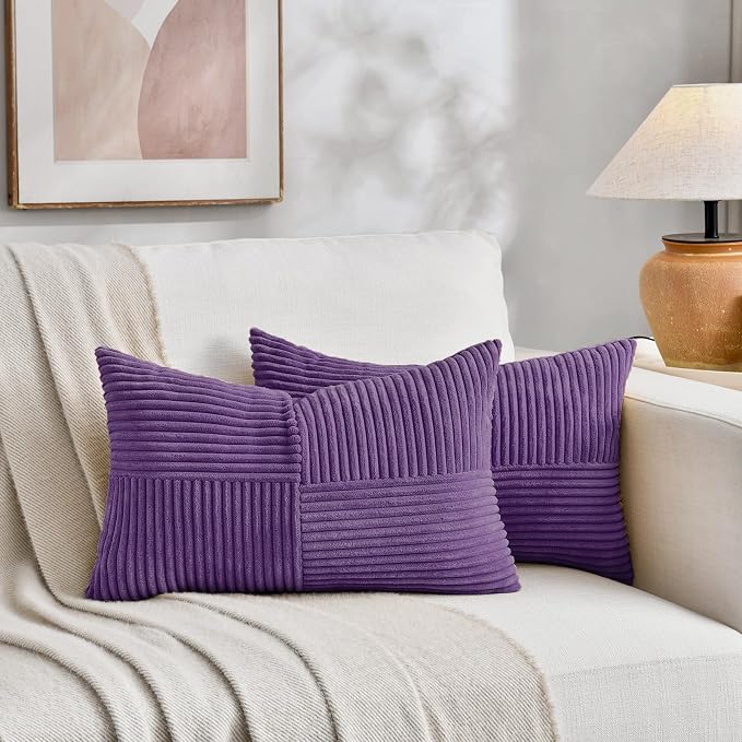 Fancy Homi Set of 1, Decorative Purple Corduroy Patchwork Soft Striped Modern Accent Cushion Case Farmhouse Boho Neutral Throw Pillow Covers for Chair Couch Sofa Bed Living Room Home 28x20 Inch