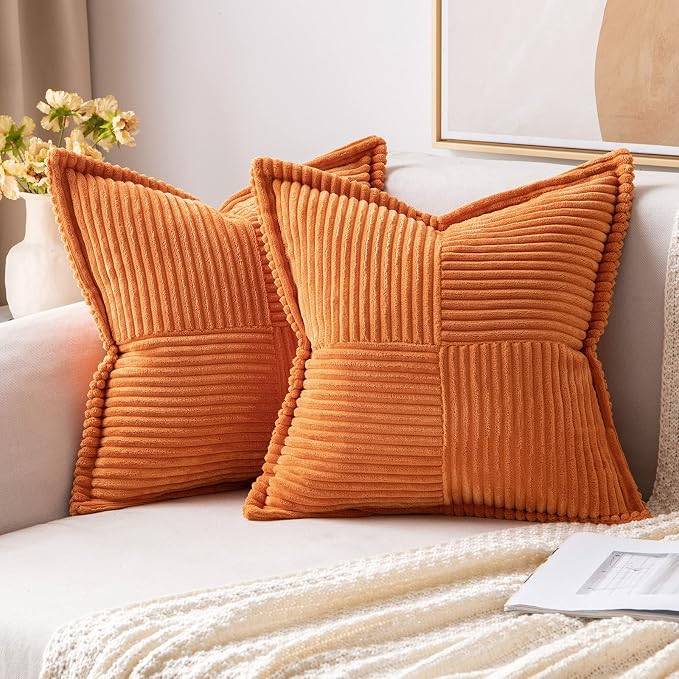 MIULEE Fall Orange Decorative Throw Pillow Covers for Couch 20x20 Inch | 2 Pack, Boho Broadside Striped Patchwork Pillow Covers, Soft Corduroy Cushion Cases, For Sofa Bed Livingroom Home Decor