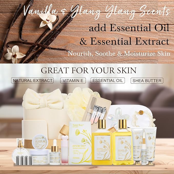Mothers Day Gifts for Women, 23Pcs VANILLA & YLANG YLANG Spa Gift Basket for Women, Face Skin Lip Care, Bath & Body Set, Self Care Kit, Facial Cream, Birthday, Christmas, Valentines, Anniversary