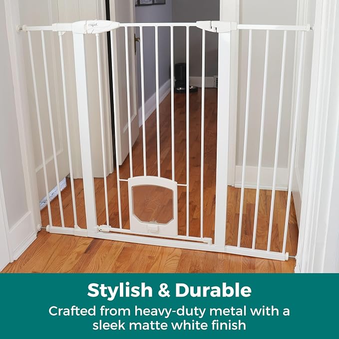 MYPET Extra Tall & Wide Petgate Passage - Metal Pressure Mount Gate with Small Pet Door; 29.75"-52" Wide with Extensions 42" Tall in White