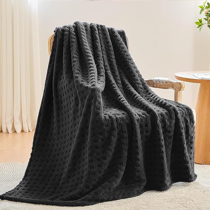 NEWCOSPLAY 3D Waffle Checkered Flannel Twin Blanket, Black, 60"x80" | Super Soft Cute Lightweight Decorative Premium Silky Fleece Blanket for Couch Sofa Bed, Gift for Women Men, All Season Use