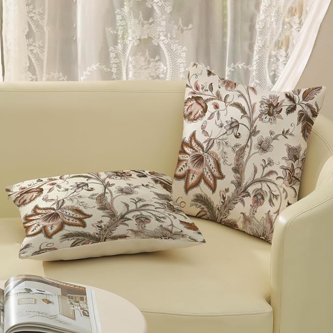 Brown Pillow Covers 16x16 Set of 2 Brown Chinoiserie Floral Throw Pillows Boho Vintage Flowers Decorative Pillow Cases Outdoor Chinoiserie Decor Farmhouse Linen Cushion Cover for Couch Sofa