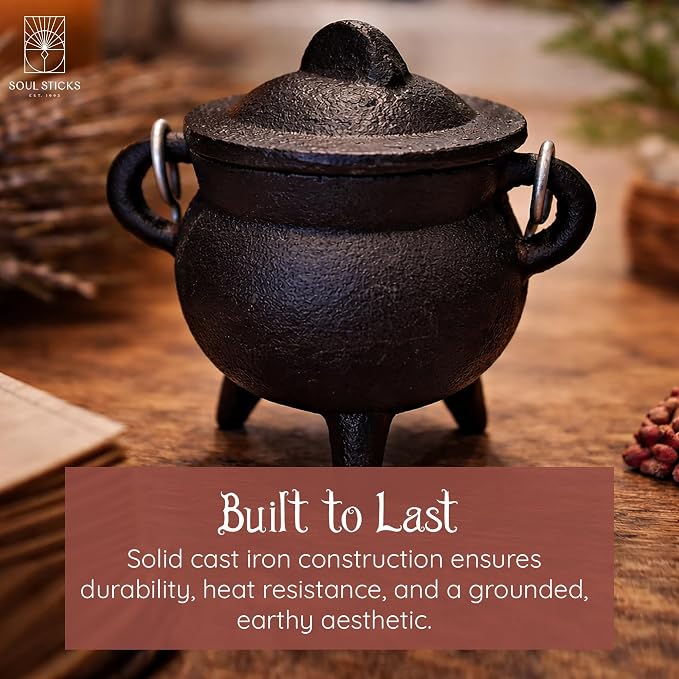 Reusable 4 Inch Cast Iron Cauldron Candle with Lid and Hanging Handle for Spell Casting, Smudging, Ritual & Blessings Pot Belly Witchcraft Candle Aromatherapy Scented (Palo Santo)