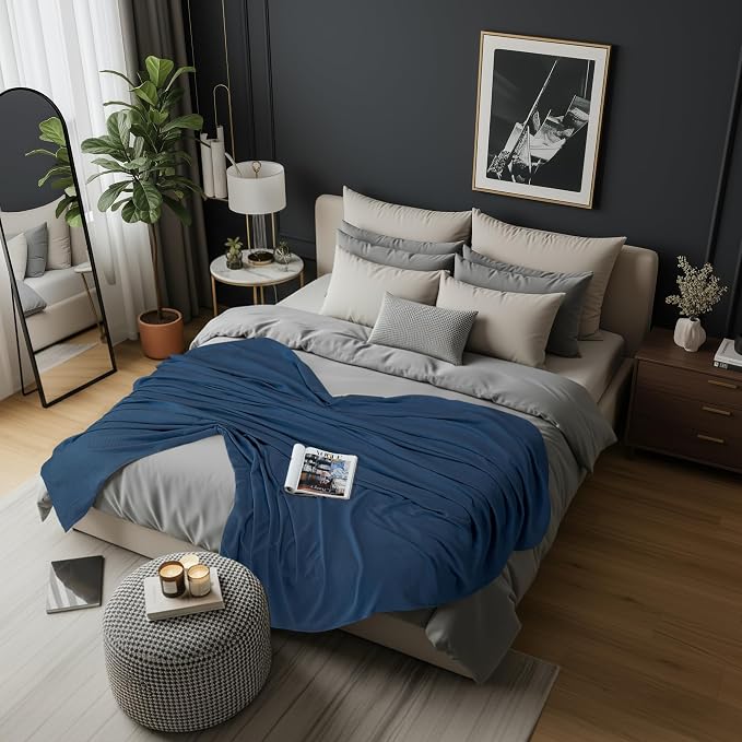 Utopia Bedding Cotton Blend Navy Waffle Blanket Queen - 90x90 Inches | Lightweight, Skin Friendly, Breathable, All Season, Luxury, Bed, Couch, Sofa