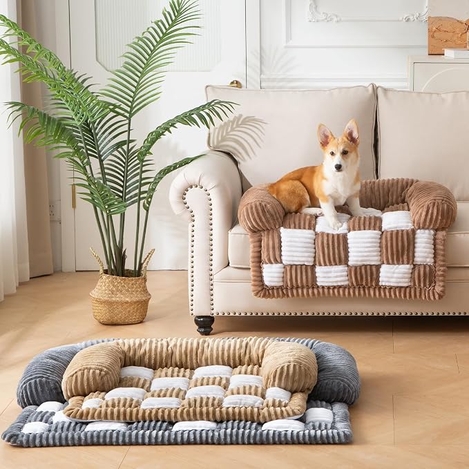 Dog Bed for Couch with Bolster, Comfy Couch Cover for Dogs Washable, Non-Slip Plush Furniture Protector, Calming Fuzzy Lounge Mat, Pet Sofa Accessories (Camel, Small)