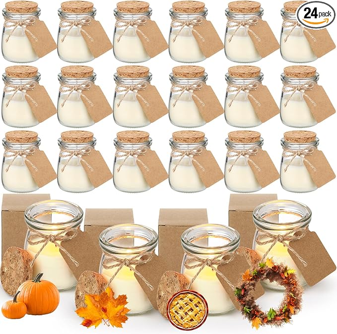 MTLEE 24 Pcs Fall Jar Candles Holiday Candle Gifts Natural Wax Jar with DIY Tag Cards Gift for Halloween Party Favor Home Supply Decor, Scents of Fall Wreath/Pumpkin/Apple/Comfort