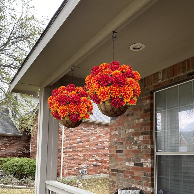 4 Bundles Large Artificial Fall Flowers Faux Mums for Outdoor Planters | Silk Fake Chrysanthemums Bouquet for Home Vase Outside Front Porch Table Floral Arrangement Wedding Autumn Decor