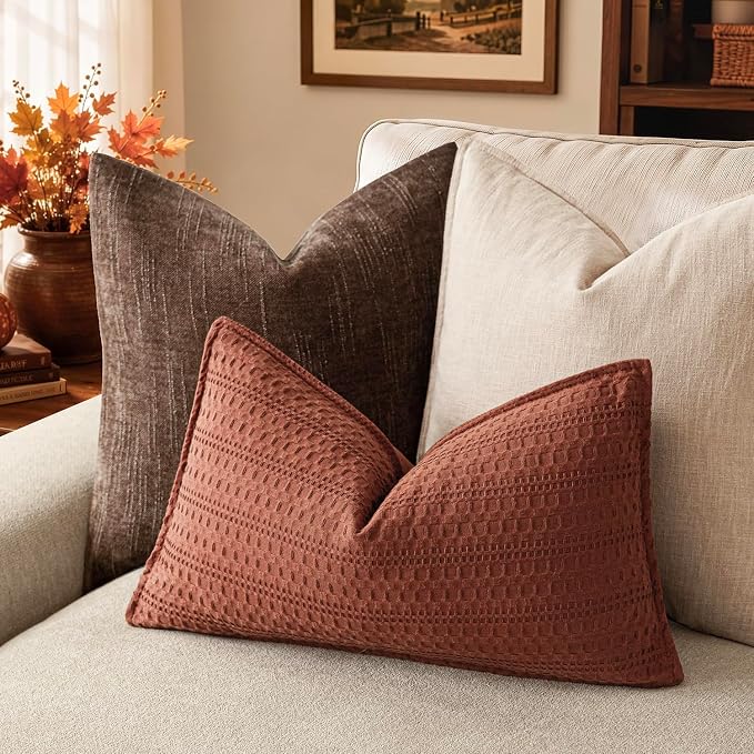 Foindtower Set of 2 Decorative Cotton Waffle Weave Lumbar Throw Pillow Covers Euro Shams Cushion Covers Accent Pillowcase for Bed Couch Sofa Bedroom Living Room Home Decor 12×20 Inch Fall Rust Orange