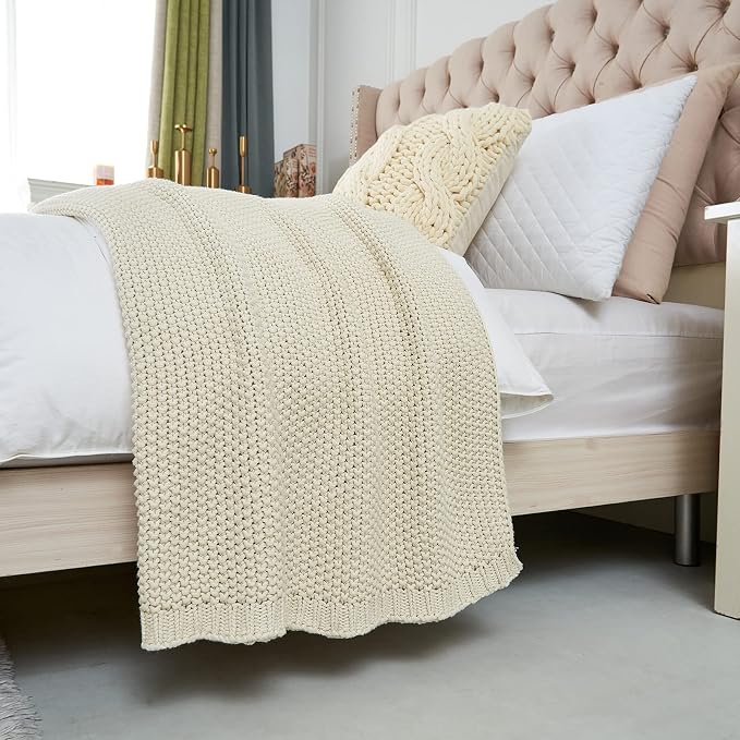 Chunky Cable Knit Throw Blanket Lightweight Cream 100% Organic Cotton Blanket for Sofa Couch Bed Baby Nursery, Rustic Shabby Chic Modern Farmhouse, 51” x 63” Give Laundering Bag