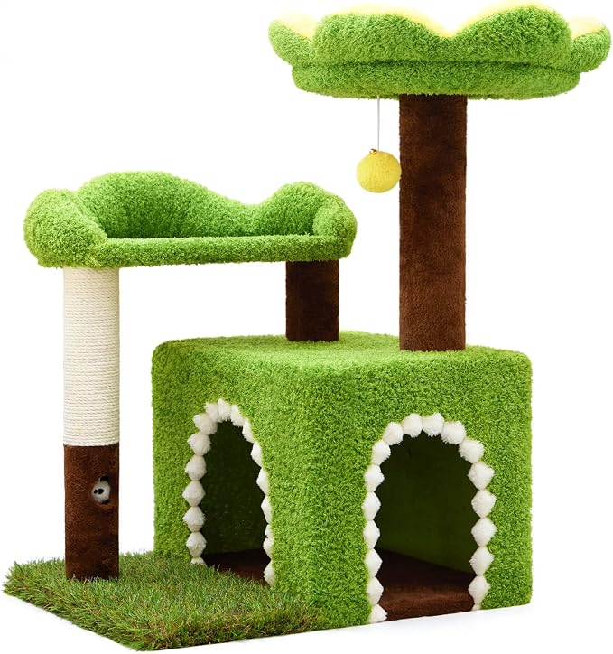 Sunflower Short Cat Tree with Cat Scratching Posts Small Cat Tower | Cat Condo,Cat Perch,Cat Bed 3-in-1 Cat Scratcher for Small Cats and Kittens