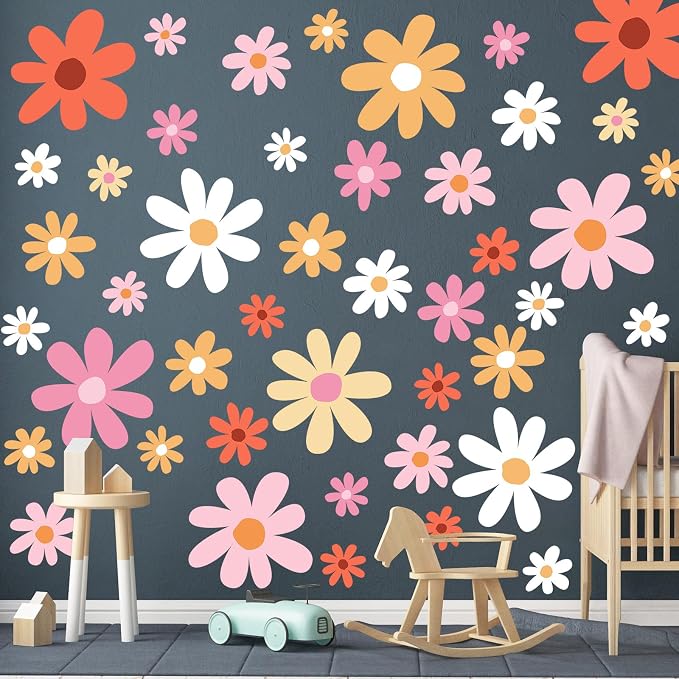 TaoBary 12 Sheet Daisy Wall Sticker Decal,Orange,Lovely Style | Big Flower Wall Sticker, Pink White Floral Decal, Daisy Bedroom Room Decor, Removable Peel and Stick, Nursery Home Wall Decor