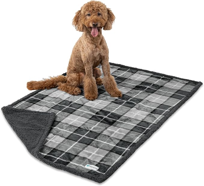 PetAmi Waterproof Dog Blanket for Large Dog Cat Pet, 60x80, Plaid Grey | 460 GSM Sherpa Fleece Reversible, Pee Proof, Furniture Protector Cover for Couch Sofa Bed Kennel, Washable, Extra Large