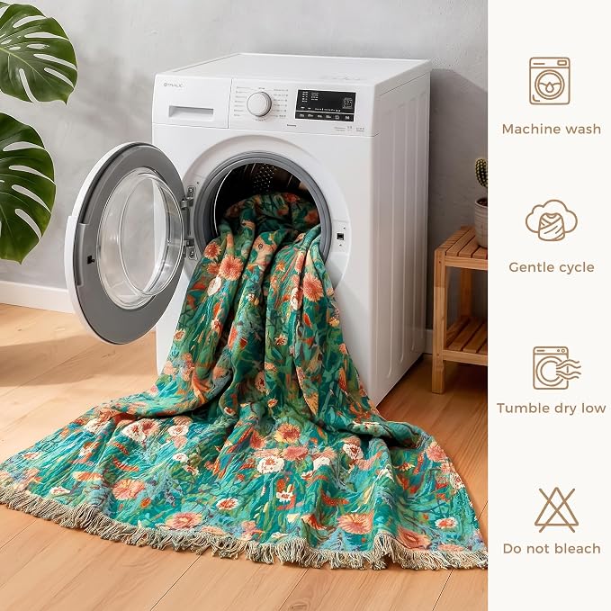 LUTBM Boho Throw Blanket for Bed 60"x80", All Season Cotton Couch Blankets | Reversible Floral Jacquard, Summer Lightweight Breathable Muslin Twin Quilt, For Chair Sofa Bedroom Living Room, Home Decor