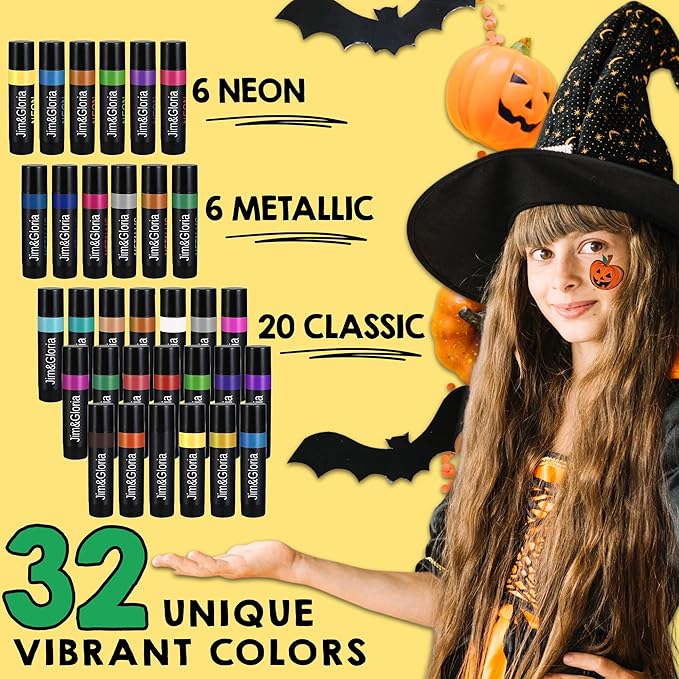 Jim&Gloria Face Paint Kit Bulk 32 Professional Face Painting Kit for Kids Party, Metallic, Neon, Classic Makeup, Facepaint Crayons, Washable Body Paint Adults, Girls Christmas Gifts Boys Crafts Toys