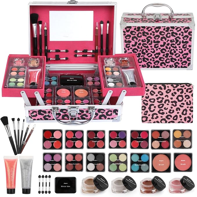 Anpro All-In-One Leopord Double Folding Makeup Kit with Case, Pro Teen Makeup Set, Full Starter Kit with Makeup Brushes, Lipsticks, Eyeshadow Palette, Blushes, Glitter Gel, Ideal Present for Girls