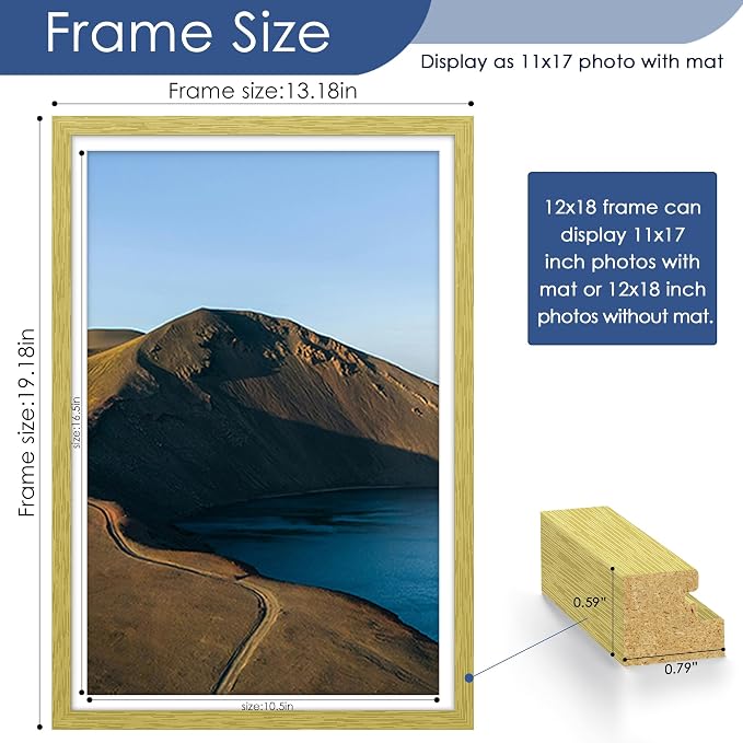 12x18 Picture Frame Set of 6, Wall Mount Display, Gold | Display Pictures 11x17 with Mat or 12x18 Without Mat, Horizontal or Vertical, Gallery Wall Frame Set, Wedding Birthday Gifts