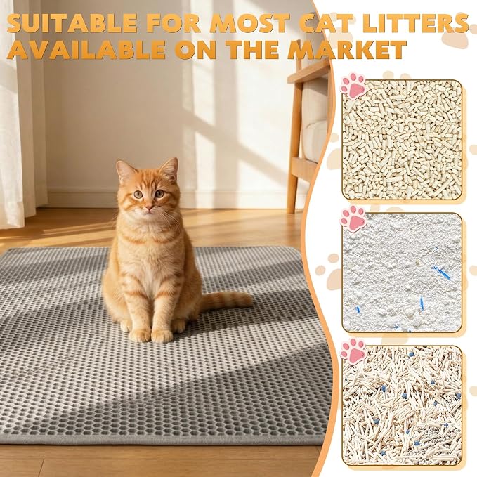 Cat Litter Mat 24"x15", Double Layer Waterproof Litterbox Mat, Gray | Non-slip backing, washable for easy cleanup, traps stray litter with waterproof honeycomb large grid that is urine-proof.
