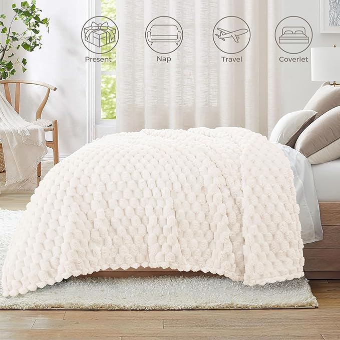 Whale Flotilla Soft Fleece Twin Size Bed Blanket Luxury 3D Jacquard, Ivory | Lightweight Coverlet Bedspread, Super Cozy Plush Fluffy Fuzzy All‑Season Decorative Blanket for Bed, Dorm Essentials, 60"x80"