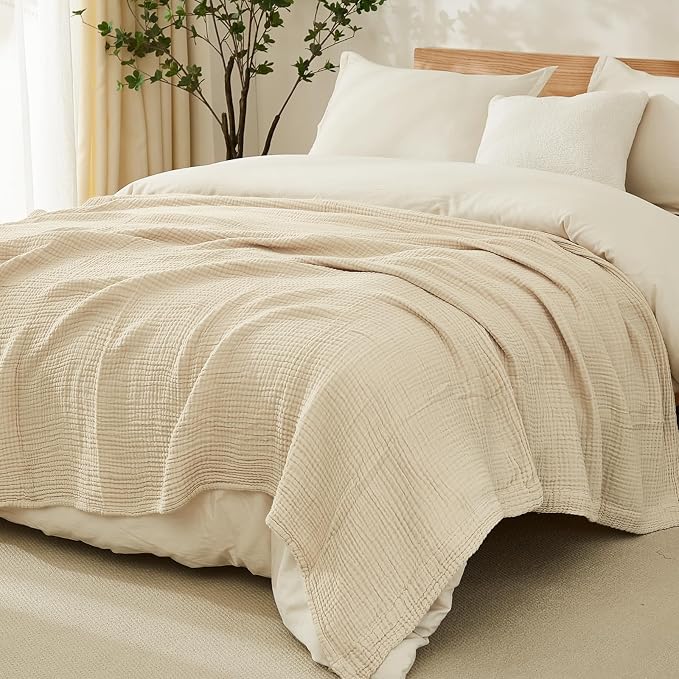 EMME Cotton Muslin Throw Blanket 4 Layer for Adults, Lightweight Breathable Gauze Blanket, Soft All Season Couch Blanket for Couch Bed Travel (Beige, 50"x60")