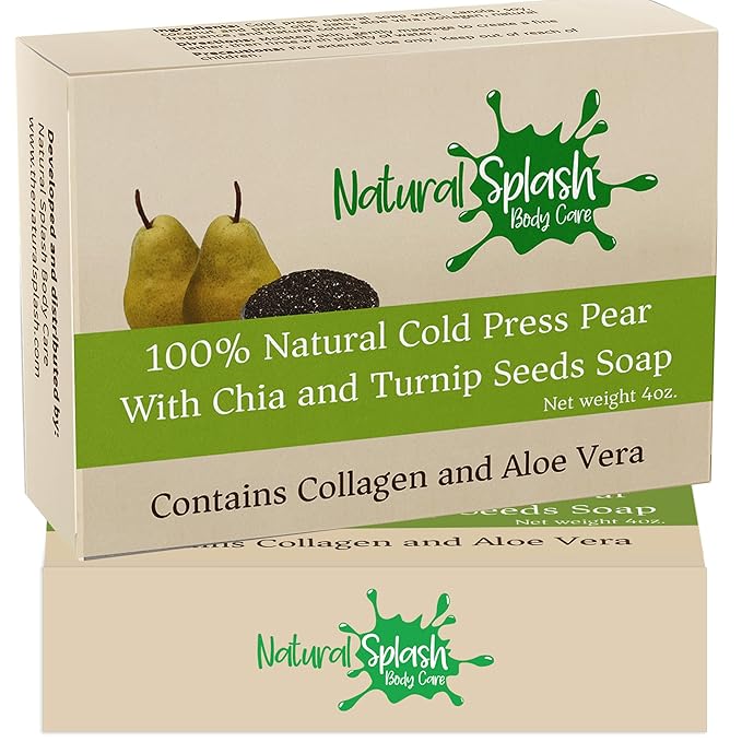 Natural Handmade Cold Press Bar Soap – Pear with Chia and Turnip Seeds - Aloe Vera and Vegetable Collagen – Soft Exfoliating Formula
