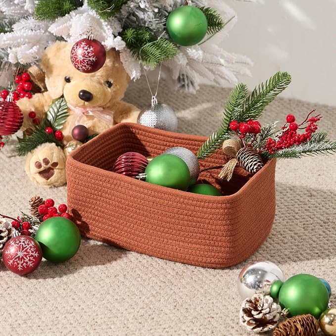 MiniArk Small Storage Baskets for Organizing | Closet Organizer Bins | Shelf Toy Basket | Woven Rope Baskets | Cube Decorative Box | Shallow Basket | 11.5x7.5x4.7” | 4 Packs Oxide Red