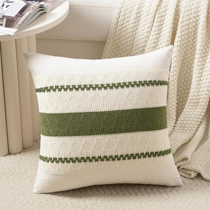 Fancy Homi Set of 1 Boho Moss Green Decorative Throw Pillow Cover 22x22 Inch for Couch Bed Sofa, Aesthetic Modern Organic Farmhouse Home Decor, Soft Cotton Cute Accent Macrame Woven Cushion Case