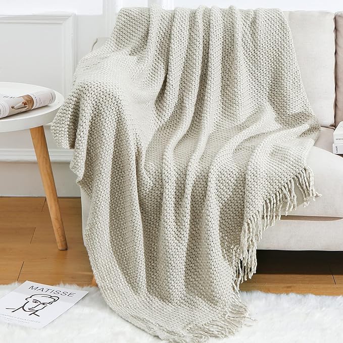 Blagic Wheat Textured Knit Throw Blanket for Couch,Grey and White,50"x60" | Soft Farmhouse Boho Throw Blanket with Tassels,Decorative for Living Room,Gifts for Adults,All Season Use
