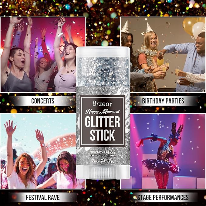Brzeaf Christmas Body Glitter Stick, Waterproof & Long Lasting, Hair Eyeshadow Face Body Glitter, Singer Concert Music Rave Festival, Glitter Stick Makeup & Face Glitter Gel