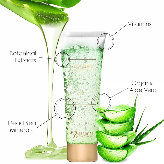 Dead Sea Premier Natural Aloe Vera Gel – Organic, pure, for Face, Hair and Body, good for Sun Burn Relief, Bug or Insect Bites, Dry Damaged Aging skin, Razor Bumps & Acne. silky, non-tacky – 4.25Fl.oz