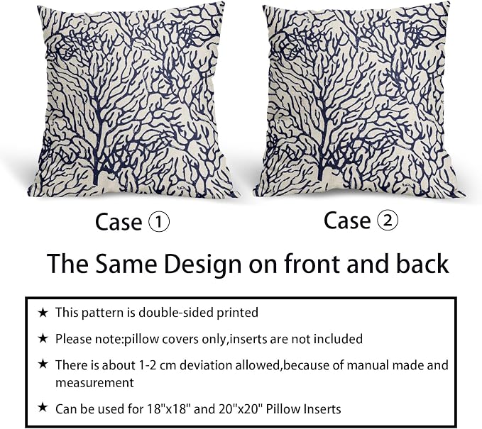 Nautical Coastal Coral Pillow Covers 20x20 Inch Set of 2 Summer Ocean Beach White Blue Decorative Pillow Cases Outdoor Linen Cushion Cover Farmhouse Decor for Bedroom Home Sofa Couch Bed